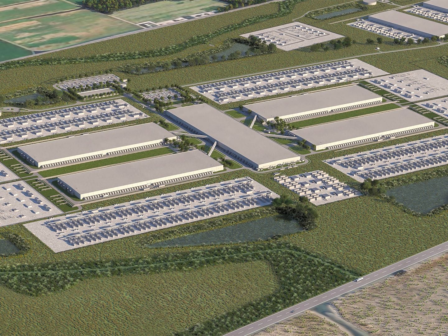 Aerial view of Meta's massive AI data center complex