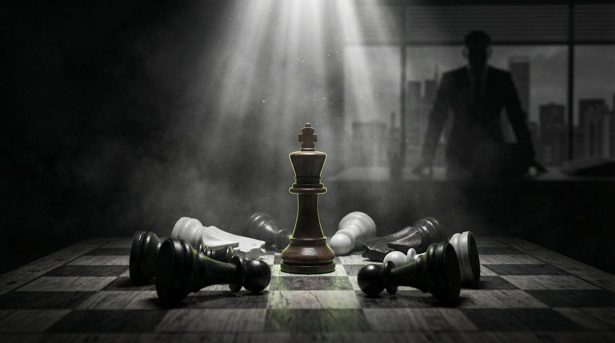 Chess king standing among fallen pieces