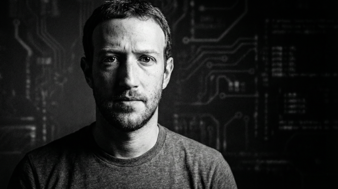 Mark Zuckerberg portrait in noir style with circuit board background